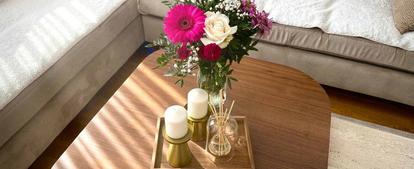 cozy living room with elegant floral arrangement