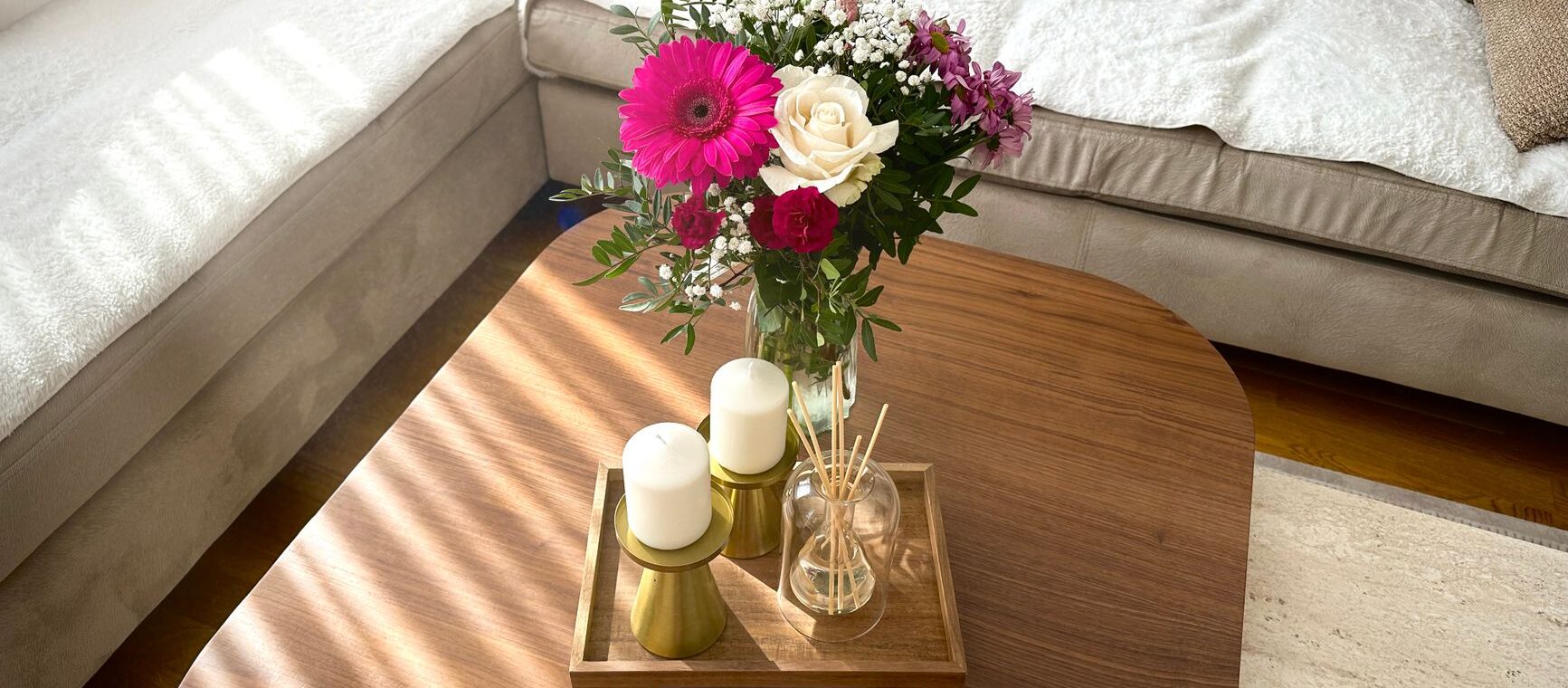 cozy living room with elegant floral arrangement